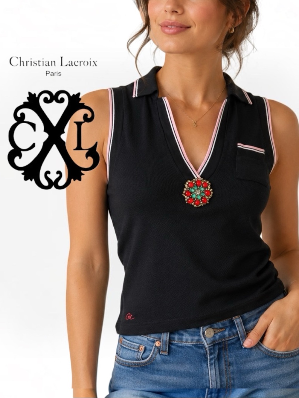 Vintage Christian Lacroix Multicolor Jewel Sleeveless Navy Top - Small